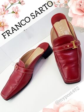 Franco Sarto🍉Red Leather Slip-On Square Toe Mule Loafers|Block Heel